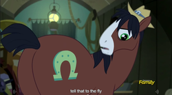 Size: 1282x713 | Tagged: safe, screencap, trouble shoes, earth pony, pony, appleoosa's most wanted, g4, butt, look at my butt, male, meme, plot, stallion, youtube caption