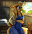 Size: 2900x3000 | Tagged: safe, artist:madacon, applejack, earth pony, anthro, g4, apron, armpits, breasts, busty applejack, chalkboard, cleavage, clothes, female, five nights at freddy's, freddy fazbear, gloves, high res, jeans, solo, sweat, toolbox, when you see it, wrench