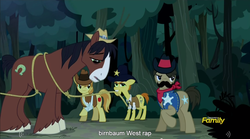 Size: 1281x713 | Tagged: safe, screencap, braeburn, fetter keys, sheriff silverstar, trouble shoes, earth pony, pony, appleoosa's most wanted, g4, discovery family logo, male, meme, rap, stallion, youtube caption