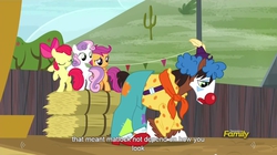 Size: 1279x715 | Tagged: safe, screencap, apple bloom, scootaloo, sweetie belle, trouble shoes, appleoosa's most wanted, g4, cutie mark crusaders, meme, youtube caption