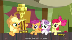 Size: 1282x713 | Tagged: safe, screencap, apple bloom, applejack, scootaloo, sweetie belle, appleoosa's most wanted, g4, cutie mark crusaders, meme, youtube caption