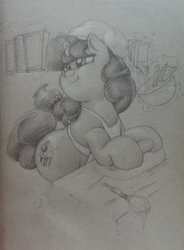 Size: 900x1222 | Tagged: safe, artist:aquaticsun, sugar belle, g4, female, grayscale, monochrome, pencil drawing, solo, traditional art