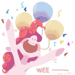 Size: 2048x2048 | Tagged: safe, artist:zaininn, pinkie pie, earth pony, pony, g4, balloon, confetti, female, high res, open mouth, simple background, smiling, solo, underhoof, wheeeee, white background