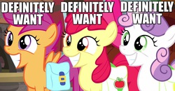 Size: 1150x600 | Tagged: safe, edit, edited screencap, screencap, apple bloom, scootaloo, sweetie belle, appleoosa's most wanted, g4, caption, cutie mark crusaders, grin, image macro, meme, reaction image, saddle bag, want