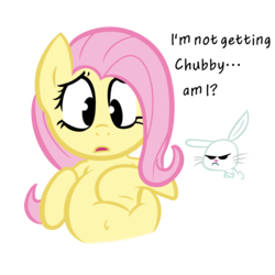 Size: 1000x1000 | Tagged: safe, artist:superninja, edit, angel bunny, fluttershy, pegasus, pony, g4, belly, belly button, chubby, crossed arms, dialogue, fat, frown, open mouth, simple background, transparent background, vector