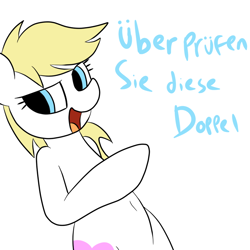 Size: 800x800 | Tagged: safe, artist:datte-before-dawn, oc, oc only, oc:aryanne, pony, bad translation, belly button, bipedal, cartoony, check em, christian bale, dubs, german, looking at you, meme, pointing, solo, standing