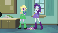 Size: 1920x1080 | Tagged: safe, screencap, rarity, spike, twilight sparkle, equestria girls, g4, my little pony equestria girls, clothes, eyes on the prize, skirt, twilight strong