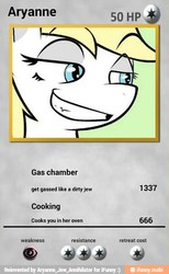 Size: 382x620 | Tagged: safe, oc, oc only, oc:aryanne, earth pony, pony, 1337, 666, card, cooking, female, gas, op, oven, pokémon, rare donkey, smiling, solo, trading card