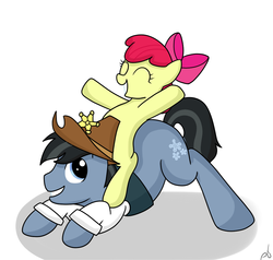 Size: 1000x952 | Tagged: safe, artist:pbhorse, apple bloom, star spur, earth pony, pony, g4, appleloosa resident, clothes, cowboy hat, cute, duo, eyes closed, female, filly, foal, hat, male, ponies riding ponies, riding, rodeo, sheriff badge, stallion