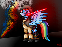 Size: 1024x768 | Tagged: safe, artist:katsu, rainbow dash, g4, boots, clothes, crossover, cutie mark, dress, female, lightsaber, pants, scar, sith, solo, star wars