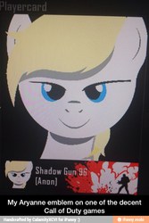 Size: 414x620 | Tagged: safe, oc, oc only, oc:aryanne, earth pony, pony, call of duty, card, female, fps, game, geometry, playercard, smiling, solo