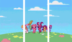Size: 740x435 | Tagged: safe, screencap, cheerilee (g3), pinkie pie (g3), rainbow dash (g3), scootaloo (g3), starsong, toola roola, g3.5, 3dby2lines, animated, cute, cutealoo, female, intro, it's coming right at us, jumping, looking at you
