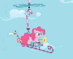 Size: 920x750 | Tagged: safe, screencap, pinkie pie, earth pony, pony, g4, griffon the brush off, season 1, animated, autogyro, female, flying contraption, gif, helicopter, mare, pedal, pedalcopter, pedaling, solo