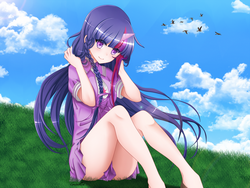Size: 3200x2400 | Tagged: safe, artist:srtagiuu, twilight sparkle, human, g4, anime, braid, clothes, colored pupils, cute, dress, female, grass, high res, horn, horned humanization, humanized, long hair, looking at you, signature, sitting, smiling, solo, sundress, wingding eyes