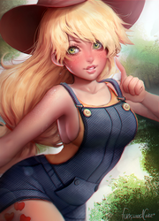 Size: 900x1247 | Tagged: safe, artist:toycake, applejack, human, g4, armpits, breasts, busty applejack, female, humanized, overalls, realistic, sideboob, solo, sweat