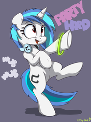 Size: 1849x2480 | Tagged: safe, artist:mistydash, dj pon-3, vinyl scratch, pony, g4, bipedal, cute, female, glow rings, glowstick, nose wrinkle, party hard, solo, vinylbetes
