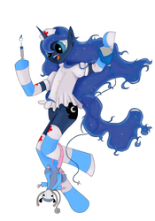 Size: 2521x3600 | Tagged: safe, artist:maroy, princess luna, tiberius, anthro, semi-anthro, g4, arm hooves, clothes, dexterous hooves, high res, hoof hold, nurse, outfit, socks, syringe