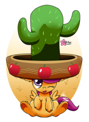 Size: 660x900 | Tagged: safe, artist:clouddg, scootaloo, pegasus, pony, appleoosa's most wanted, g4, cactus, cactus hat, female, giant hat, hat, one eye closed, simple background, solo, sombrero, transparent background