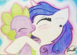 Size: 400x288 | Tagged: safe, artist:holleeb, rarity, spike, dragon, pony, unicorn, g4, duo, female, kiss on the lips, kissing, male, mare, ship:sparity, shipping, signature, straight, traditional art
