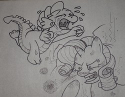 Size: 2560x1984 | Tagged: safe, artist:hillbe, rarity, spike, g4, monochrome, traditional art