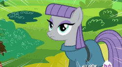 Size: 500x277 | Tagged: safe, edit, edited screencap, screencap, maud pie, earth pony, pony, g4, all new, animated, blinking, female, frown, hub logo, hubble, loop, mare, maud being maud, reaction image, screaming internally, solo, speed lines, terrified, the hub