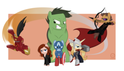 Size: 4200x2400 | Tagged: safe, artist:chameron, avengers, black widow (marvel), captain america, hawkeye, iron man, ponified, the incredible hulk, thor