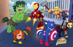 Size: 1236x800 | Tagged: safe, artist:adyon, avengers, black widow (marvel), captain america, hawkeye, iron man, ponified, the incredible hulk, thor