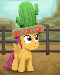 Size: 1280x1601 | Tagged: safe, artist:unsavorydom, scootaloo, appleoosa's most wanted, g4, cactus, cactus hat, cute, female, giant hat, hat, smiling, solo