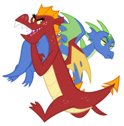 Size: 600x608 | Tagged: safe, artist:queencold, garble, oc, oc:frazzle, dragon, g4, dragon oc, dragoness, duo, female, kidnapped, male, running, simple background, teenaged dragon, transparent background, unamused