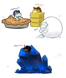 Size: 1024x1210 | Tagged: safe, artist:bgn, braeburn, double diamond, king sombra, soarin', g4, bruh, crystal, hay bale, hayburn, horse noises, meme, pie, snow, snowball, stuck, that pony sure does love crystals, that pony sure does love pies, whinny