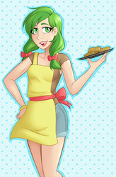 Size: 800x1220 | Tagged: safe, artist:emberfan11, apple fritter, human, g4, apple family member, apple fritter (food), apron, blue background, bow, clothes, female, food, hair bow, hand on hip, humanized, shorts, simple background, solo, woman