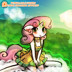 Size: 750x750 | Tagged: safe, artist:lumineko, sweetie belle, unicorn, anthro, unguligrade anthro, apple bloomers, g4, blushing, clothes, cloud, cloudy, cute, diasweetes, dress, female, looking at you, magic, patreon, solo, sweetie belle's magic brings a great big smile, tongue out