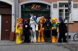 Size: 2128x1416 | Tagged: safe, artist:atalonthedeer, princess celestia, oc, oc:canni soda, oc:helix wonder, oc:qetesh, oc:red moon hawk, oc:reedycreek, oc:tracy swift, g4, fursuit, germany, group photo, irl, meet up, photo, ponysuit