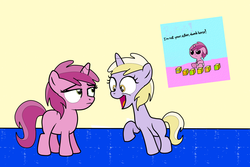 Size: 1500x1000 | Tagged: safe, artist:samey90, dinky hooves, ruby pinch, pony, unicorn, g4, amused, baby, baby pinch, blank flank, blocks, bored, cute, diaper, dinkabetes, dinky hooves is amused, dumb, duo, excited, female, filly, foal, frown, indoors, infant, insanity, jaded pinch, lidded eyes, murder, photo, pinchybetes, raised hoof, raised leg, ruby pinch is not amused, talking, this will end in death, this will end in tears, this will end in tears and/or death, unamused, varying degrees of amusement, varying degrees of want