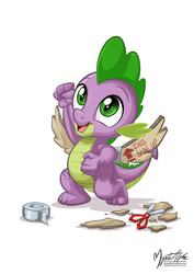 Size: 955x1351 | Tagged: safe, artist:mysticalpha, spike, dragon, g4, baby, baby dragon, cardboard, cardboard wings, cute, fake wings, green eyes, happy, heartwarming in hindsight, hilarious in hindsight, male, raised fist, scissors, simple background, solo, spikabetes, tape, this side up, watermark, white background, wings