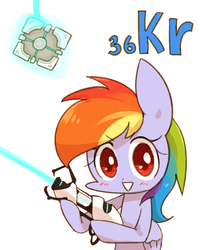 Size: 800x1000 | Tagged: safe, artist:joycall6, part of a set, rainbow dash, series:joycall6's periodic table, g4, blushing, companion cube, crossover, cute, female, krypton, looking at you, open mouth, periodic table, portal (valve), portal gun, solo