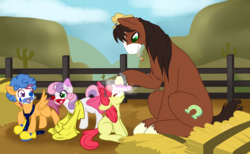 Size: 3365x2078 | Tagged: safe, artist:mondlichtkatze, apple bloom, scootaloo, sweetie belle, trouble shoes, earth pony, pegasus, pony, unicorn, appleoosa's most wanted, g4, adorabloom, clothes, clown, clown nose, clown shoes, cute, cutealoo, cutie mark crusaders, diasweetes, female, filly, foal, high res, makeup, male, necktie, red nose, rodeo clown, shirt, shoes, stallion, troublebetes, unshorn fetlocks, wig