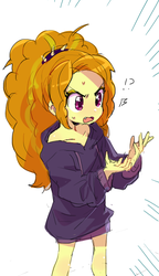 Size: 435x756 | Tagged: safe, artist:baekgup, adagio dazzle, equestria girls, g4, age regression, clothes, confused, exclamation point, fangs, female, hoodie, open mouth, question mark, simple background, solo, sweat, white background, younger