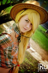 Size: 682x1024 | Tagged: safe, artist:akvalang, applejack, human, g4, 2015, clothes, cosplay, cowboy hat, hat, irl, irl human, photo, rubronycon, russian, solo
