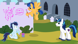 Size: 3840x2160 | Tagged: safe, artist:flashlighthouse, flash sentry, shining armor, soarin', pegasus, pony, unicorn, g4, caught, graffiti, high res, male, oh crap face, paint, paint can, paintbrush, shining armor is not amused, shrunken pupils, sitting, stallion, this will end in a time-out, this will end in tears, uh oh, unamused, vandalism, wall