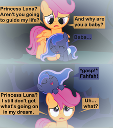 Size: 1115x1261 | Tagged: safe, artist:beavernator, edit, princess luna, scootaloo, pony, g4, baby, baby pony, baby talk, comic, cropped, cute, dream, eyes closed, filly, foal, fog, frown, leaning, luna riding scootaloo, lunabetes, open mouth, ponies riding ponies, pony hat, raised eyebrow, riding, smiling, woona, worried