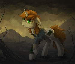 Size: 1200x1022 | Tagged: safe, artist:hioshiru, oc, oc only, oc:littlepip, pony, unicorn, fallout equestria, clothes, dead tree, fanfic, fanfic art, female, jumpsuit, mare, pipboy, pipbuck, raised hoof, slender, solo, thin, tree, vault suit, wasteland