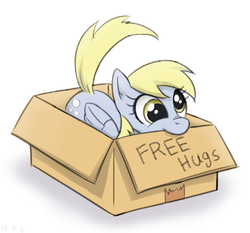Size: 730x680 | Tagged: safe, artist:ta-na, derpy hooves, pegasus, pony, g4, box, bronybait, cardboard box, cute, derpabetes, female, free hugs, mare, nom, pony in a box, simple background, solo, white background