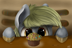 Size: 2700x1800 | Tagged: safe, artist:cryptic-dash, derpy hooves, pegasus, pony, g4, eyes on the prize, female, mare, muffin, solo, unshorn fetlocks