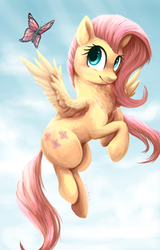Size: 1024x1602 | Tagged: safe, artist:xilacs, fluttershy, butterfly, g4, cute, female, flying, shyabetes, solo
