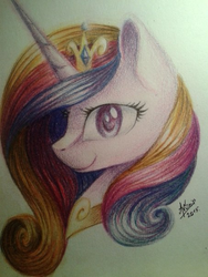 Size: 453x604 | Tagged: safe, artist:avonir, princess cadance, alicorn, pony, g4, bust, crown, eyelashes, female, horn, jewelry, mare, peytral, portrait, regalia, signature, smiling, solo, traditional art