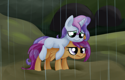 Size: 1722x1102 | Tagged: safe, artist:artoftheghostie, scootaloo, sweetie belle, pegasus, pony, unicorn, appleoosa's most wanted, g4, blank flank, cute, cutealoo, diasweetes, duo, duo female, female, filly, foal, horn, mud, muddy, ponies riding ponies, rain, riding, sad face, scene interpretation, scootaloo is not amused, sweetie belle riding scootaloo, unamused, wet, wet mane, wet mane scootaloo, wet mane sweetie belle, wings