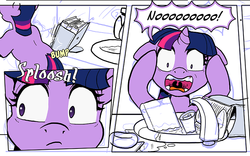 Size: 802x500 | Tagged: safe, artist:muffinshire, twilight sparkle, pony, unicorn, comic:twilight's first day, g4, big no, book, clumsy, comic, female, filly, filly twilight sparkle, floppy ears, frown, hilarious in hindsight, now you fucked up, open mouth, preview, screaming, scroll, solo, this will end in tears, twilight fuel, unicorn twilight, uvula, wide eyes, wip, you dun goofed, younger