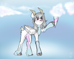Size: 1024x819 | Tagged: safe, artist:rflzqt, oc, oc only, oc:icarus, deer, peryton, pony, cloud, cloudy, cotton candy, cotton candy cloud, female, food, mare, wings
