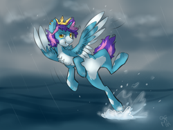 Size: 1024x768 | Tagged: safe, artist:rflzqt, oc, oc only, oc:tidal wave, alicorn, pony, alicorn oc, crown, flying, horn, male, smiling, solo, stallion, wings